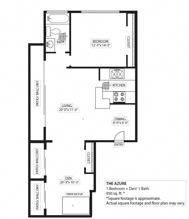 Floor plan for 1 bed, 1 bath, 950 sqft